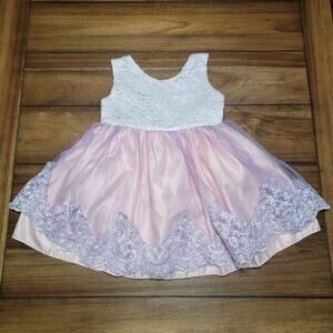 Pink & White Lace & Tulle Sleeveless Dress w/ Large Bow - Size 2T